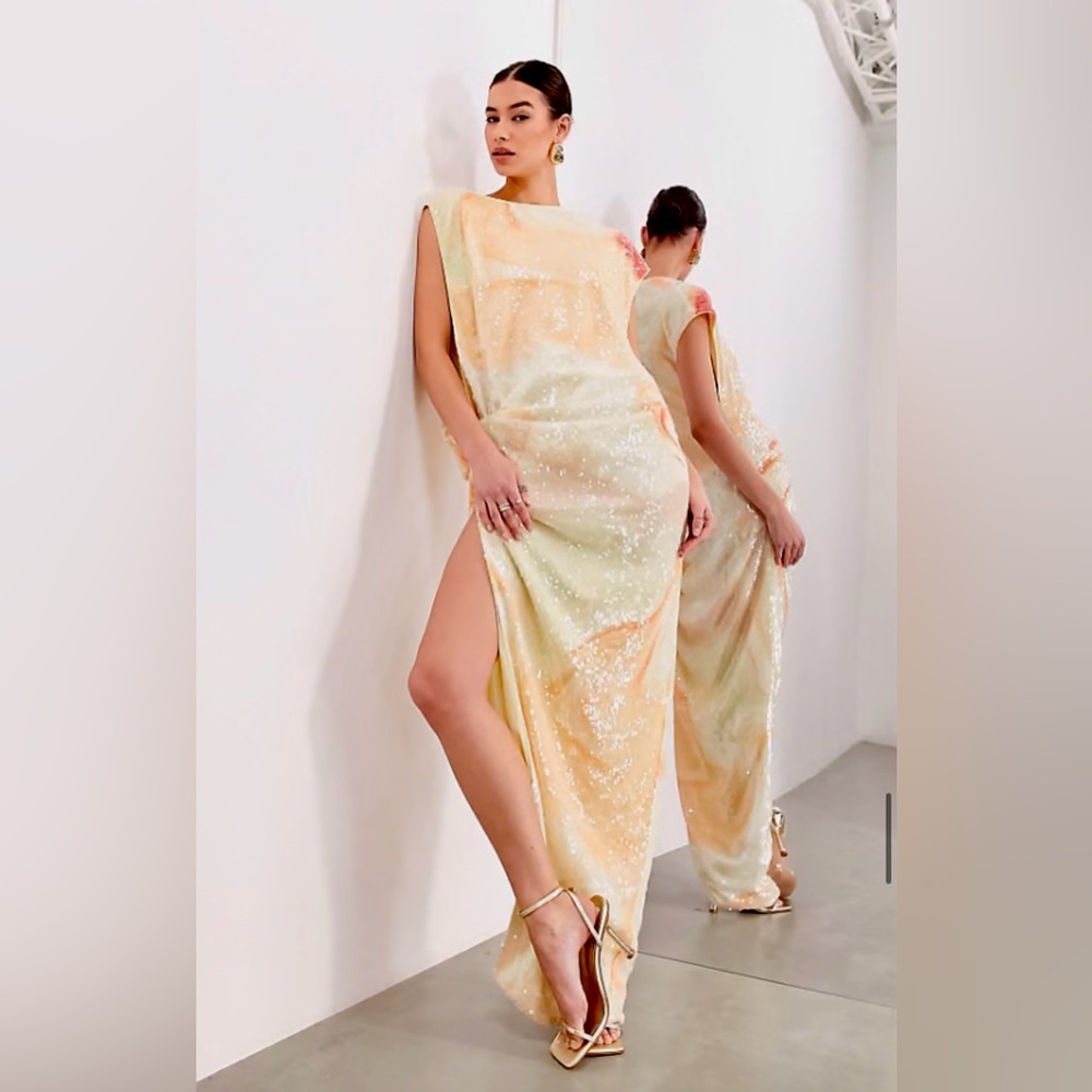 NWT $229 ASOS EDITION Abstract Sequin Tie Dye Swirl Open Slit Drape Maxi Dress